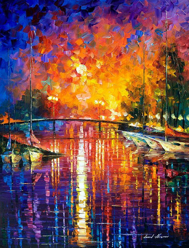 Limited Edition Canal Painting by Leonid Afremov: This limited edition giclee by Leonid Afremov is hand-painted, capturing the artist's genuine spirit. As the first piece in a sold-out edition of 25, it stands as a rare collectible. The artwork is in