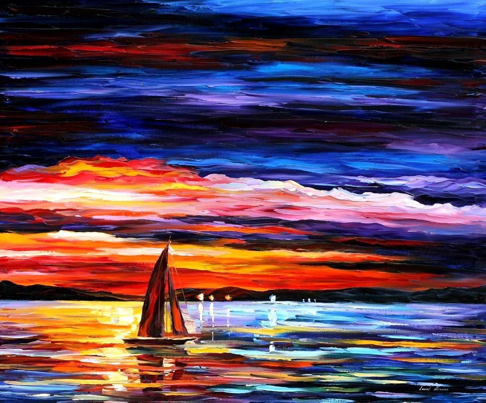 Night Sea Limited Edition by Leonid Afremov: Experience the artistic soul of Leonid Afremov with this limited edition giclee titled "Night Sea." As the first piece in a small edition of 25, this artwork is a rare collector's item. Hand-painted o