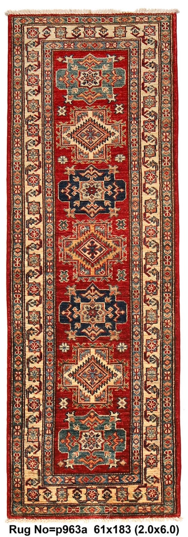 2 x 6 Handmade Kazak Runner Rug Fine Wool: This exquisite handmade Kazak runner rug is crafted from soft, silky fine wool, featuring a deep rich color palette of red, ivory, blue, and green. With its hand-knotted weave and traditional Caucasia