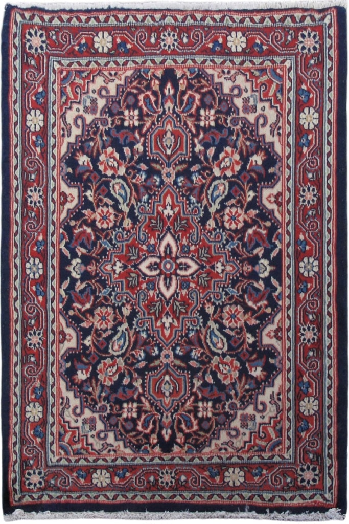Navy Blue Persian Hamadan Hand-Knotted Rug 2.4 x 2.1: This exquisite navy blue Persian Hamadan rug is hand-knotted, showcasing a traditional pattern from Iran. With dimensions of 28 inches by 25 inches, it is perfect for adding a touch of elegance to any