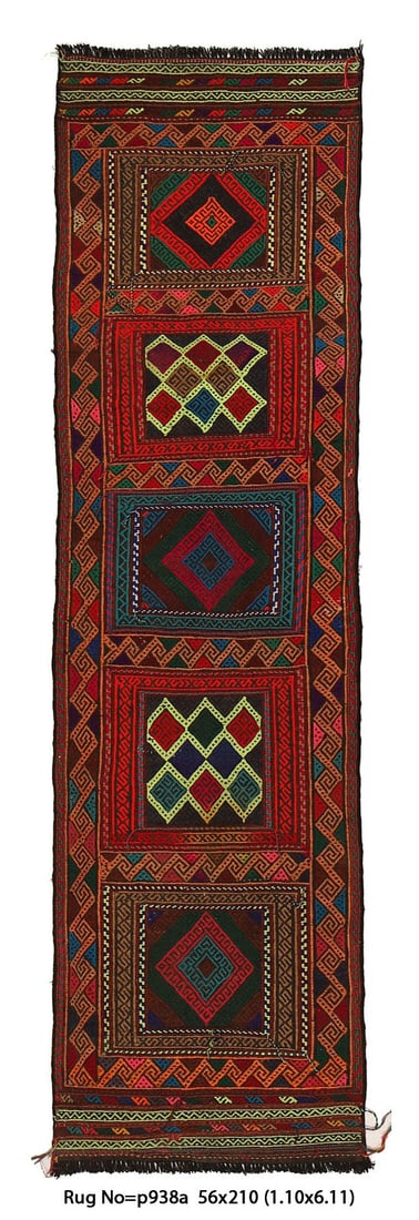 Afghan Handmade Wool Kilim Runner Rug 2 x 7: This Afghan handmade wool rug is a beautiful narrow runner, perfect for adding a touch of elegance to any hallway or narrow space. Featuring a vibrant multi-color Kilim pattern, this hand-knotted area
