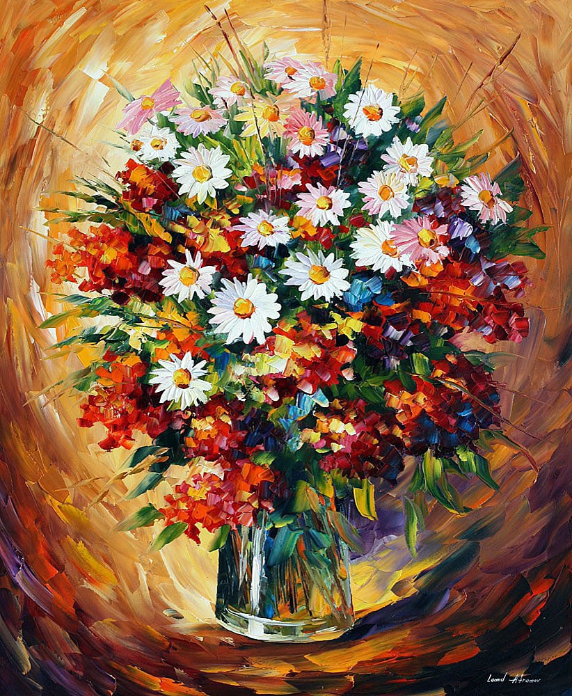 The Joy Of Spring Limited Edition by Leonid Afremov 91x110 cm: "The Joy Of Spring" is a limited edition giclee hand-painted by Leonid Afremov, representing the artist's genuine expression. As the first piece in a sold-out series of 25, this artwork is a rare find