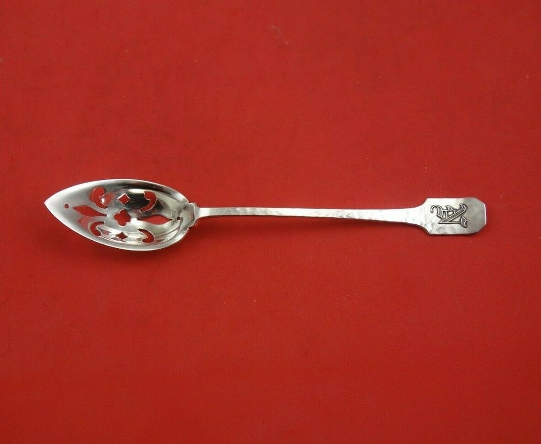 Norman Hammered Sterling Silver Olive Spoon with Applied Mono N 6in: Norman Hammered by Shreve Sterling Silver Olive Spoon with Applied Mono "N" 6" Seller Notes: "Excellent condition" Maker: Shreve Composition: Sterling Silver Age: 1900-1940 Brand: Shreve Pattern: Norm