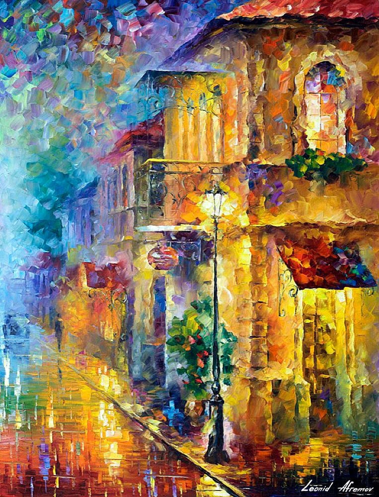 Night Old Vitebsk by Leonid Afremov - Limited Edition 1/25: Experience the artistic soul of Leonid Afremov with this limited edition giclee hand-painted artwork, "Night Old Vitebsk." This is the first piece in a small edition of only 25, with the rest sold out