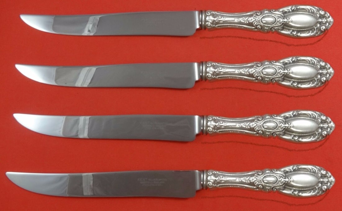 King Richard Towle Sterling Silver Steak Knife Set 4pc Texas Sized Custom 9.5in: King Richard by Towle Sterling Silver Steak Knife Set 4pc Texas Sized Custom Seller Notes: "Excellent" Pattern: King Richard Brand: Towle Type: Flatware - Knives Age: Post-1940 Composition: Sterling S