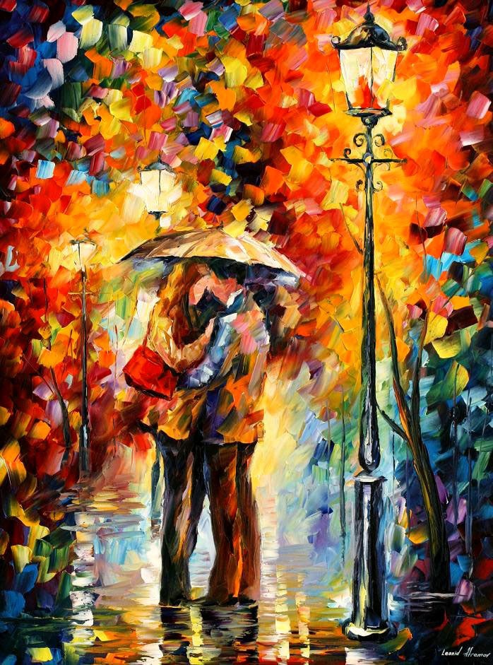 Limited Edition Kiss Under The Rain by Leonid Afremov: Experience the artistic soul of Leonid Afremov with this limited edition giclee, "Kiss Under The Rain." As the first piece of a small edition of 25, this artwork captures the essence of Afremov's vibr