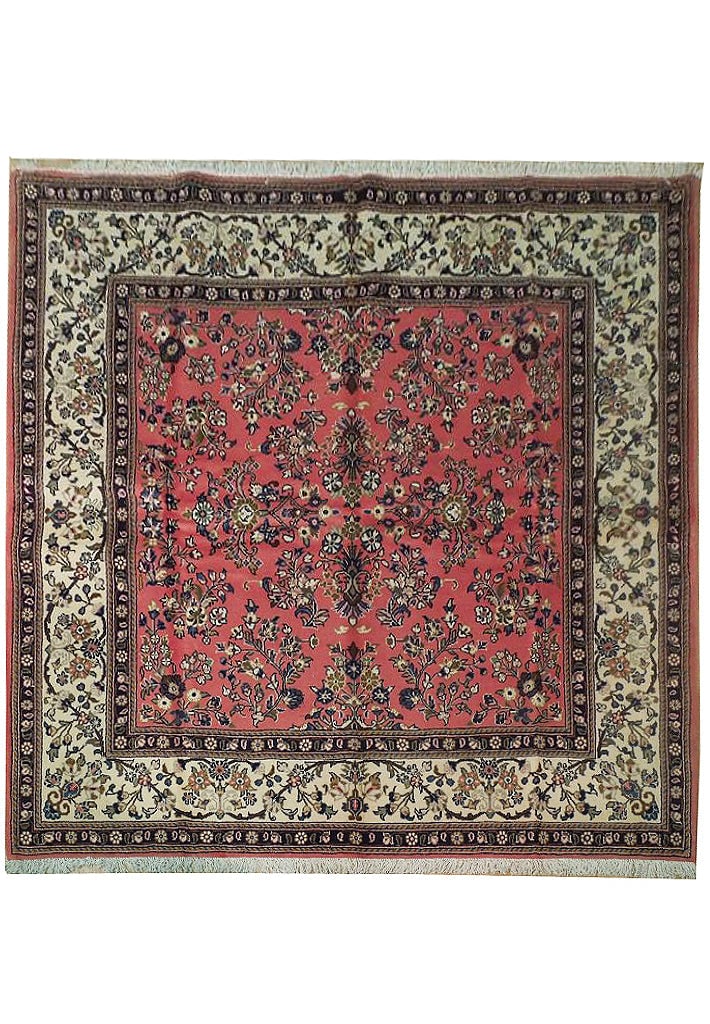 7 x 6 Persian Sarouk Rug Hand-Knotted Wool Rose: This exquisite Persian Sarouk square rug is a masterpiece of hand-knotted craftsmanship, originating from Iran in the 1970s. Featuring a delightful palette of dusty rose, ivory, and blue, this wool ar