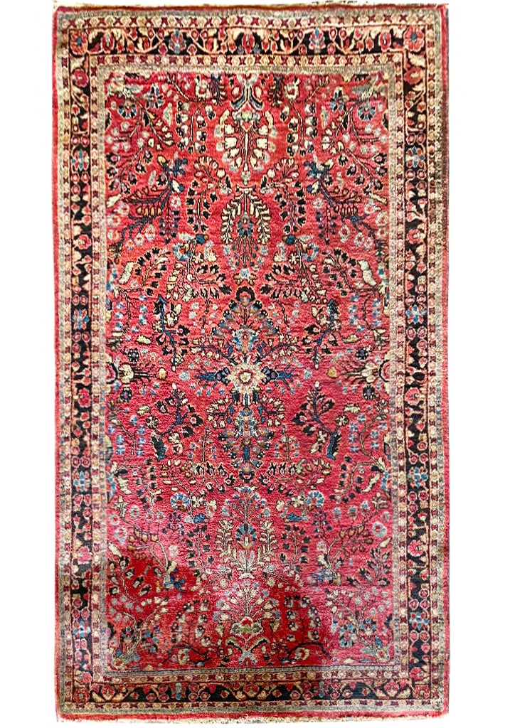 Antique Persian Sarouk Rug 4 x 6 Hand-Knotted: This exquisite antique Persian Sarouk rug from the 1930s showcases a beautiful berry red and blue pattern, hand-knotted with wool. Measuring 4.3 x 6.6 feet, this area rug originates from Iran and is i