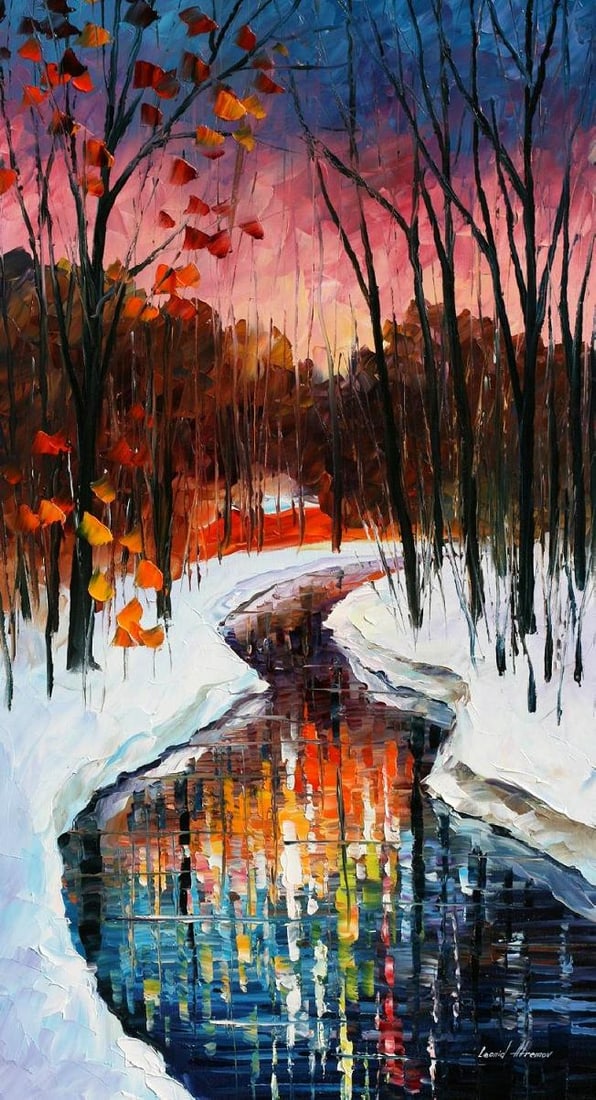 Winter Stream Limited Edition by Leonid Afremov: This is a limited edition giclee hand-painted by renowned artist Leonid Afremov. As the first in an edition of only 25 pieces, this artwork embodies Afremov's artistic soul. Crafted on canvas, it is i