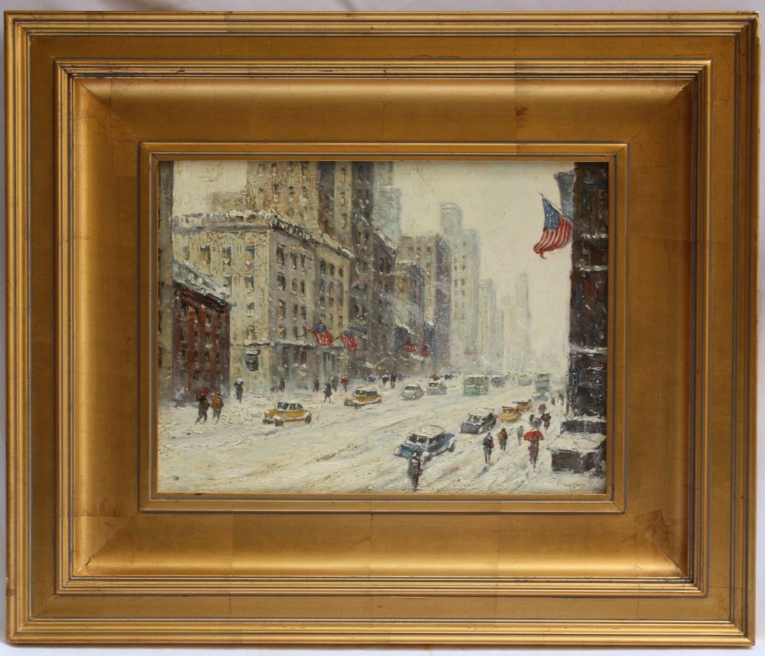 Winter Streetscape Oil Painting with Frame: This captivating original oil painting from the School of Guy C. Wiggins depicts a winter streetscape in New York. Executed in the 1950s, this abstract artwork is signed, though the signature is not e