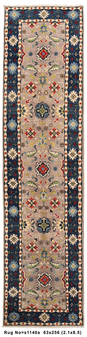 Handmade Kazak Harmony Taupe Runner Rug 2 x 8: This handmade Kazak Harmony runner rug from Pakistan features a beautiful muted taupe background with a deep navy blue border, adorned with sky blue, crimson red, sunny yellow, and forest green accent