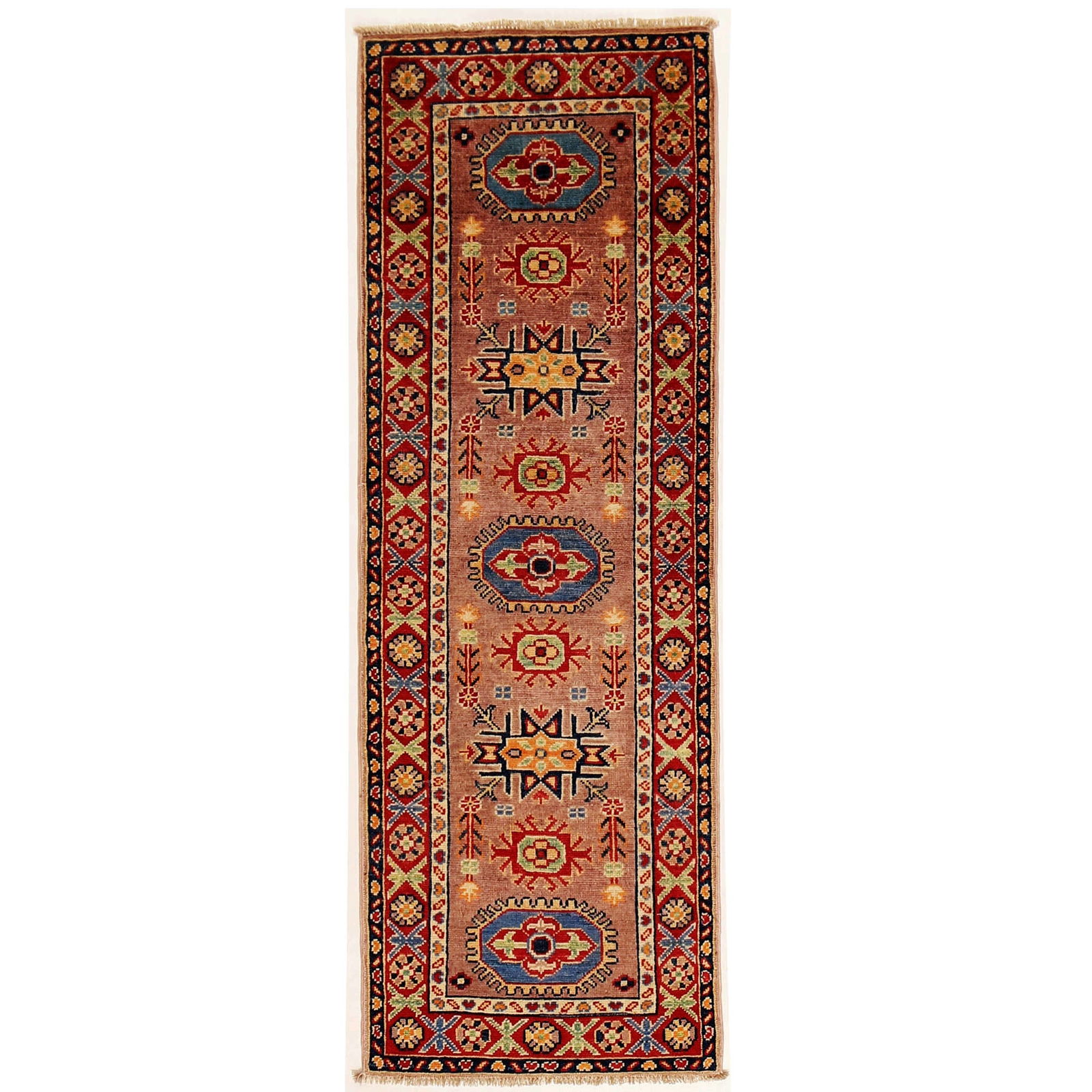 Handmade Almond Brown Kazak Runner Rug 2 x 6: This beautiful handmade Kazak runner rug is crafted from natural wool and features an almond brown color. With a hand-knotted weave and a fine wool pile of 3/8, it showcases an intricate Caucasian pat