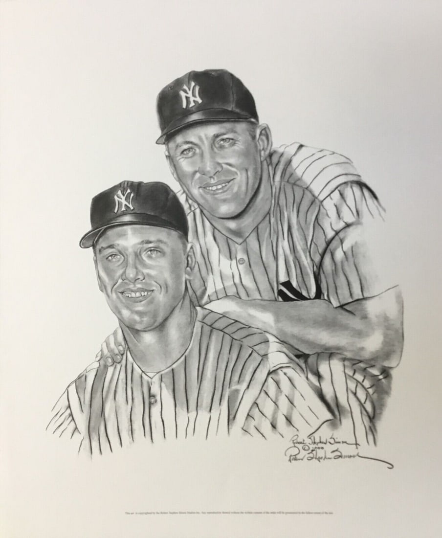 Mickey Mantle & Roger Maris Signed Lithograph by Robert Stephen Simon: This offset lithograph, titled 'Mickey Mantle and Roger Maris', is a remarkable piece by renowned sports artist Robert Stephen Simon. Created between 2000 and 2009, this medium-sized illustration art