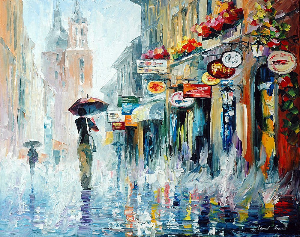 Downpour by Leonid Afremov - Limited Edition Canvas Art: This limited edition giclee by Leonid Afremov is a stunning piece that captures the artist's true essence. As the first in a series of only 25, this canvas artwork is a rare find, with the rest of the
