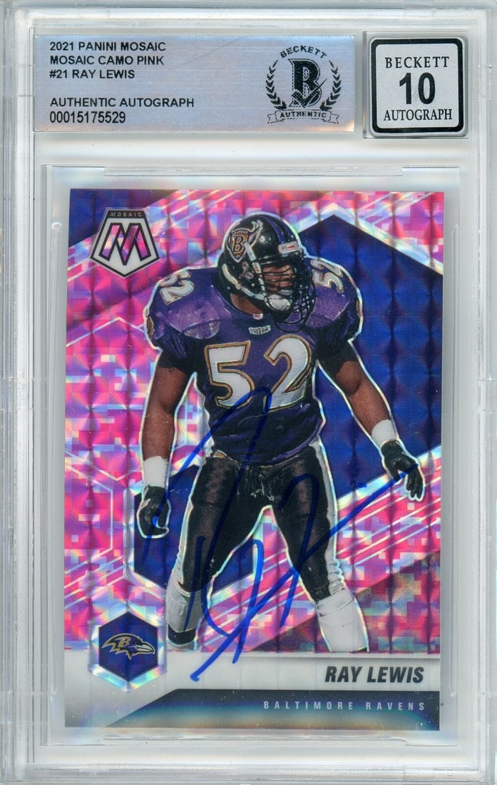 2021 Panini Mosaic Camo Pink #21 Ray Lewis Baltimore Ravens BAS Autograph 10: 2021 Panini Mosaic Camo Pink #21 Ray Lewis Baltimore Ravens BAS Autograph 10 Sport: Football Player/Athlete: Ray Lewis Signed By: Ray Lewis Season: 2021 Manufacturer: Panini Parallel/Variety: Mosaic C