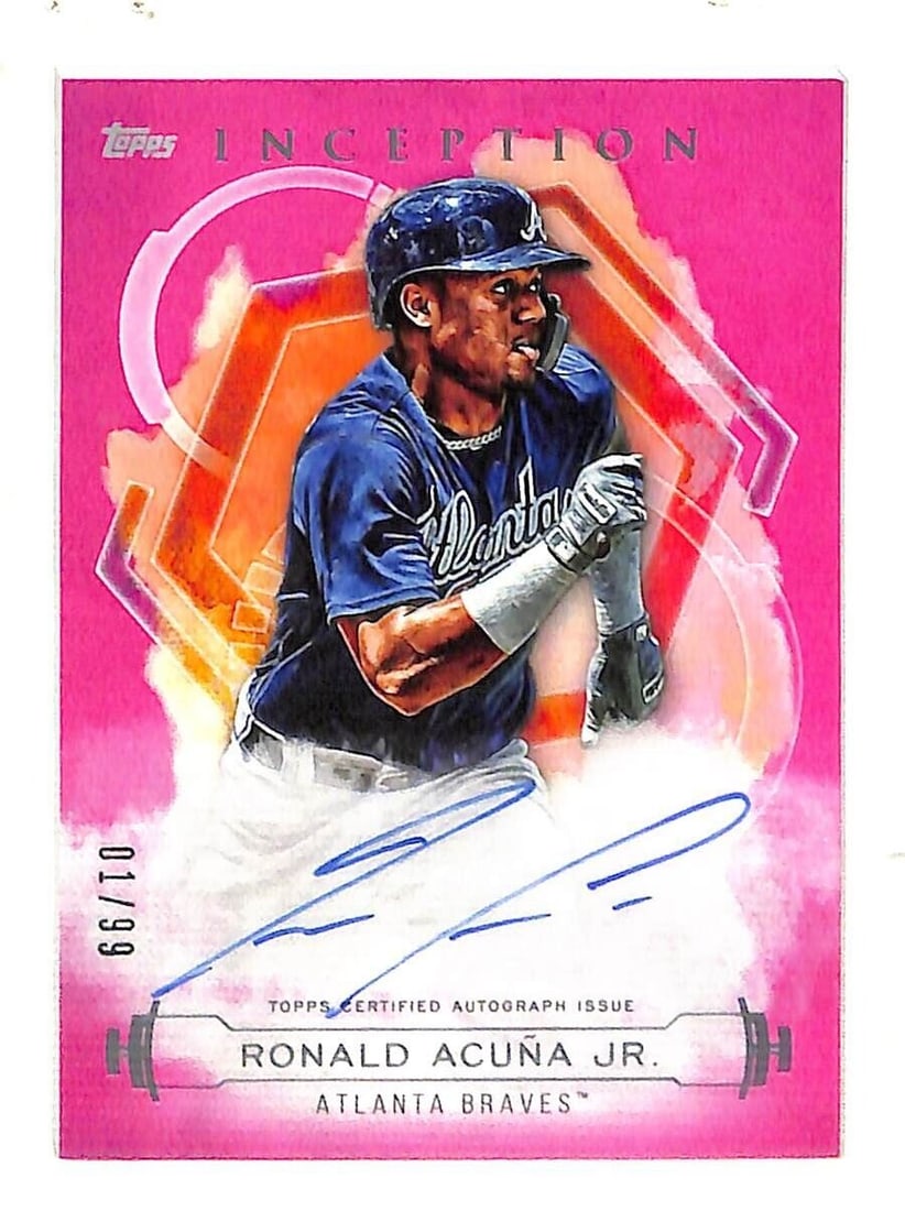 Ronald Acuna Jr Braves 2019 Inception Topps Certified Magenta 99 Autographed: Ronald Acuna Jr Braves 2019 Inception Topps Certified Magenta 99 Autographed Card Size: Standard Autographed: Yes Set: 2019 Topps Inception Signed By: Ronald Acuna, Jr. Autograph Format: Hard Signed P
