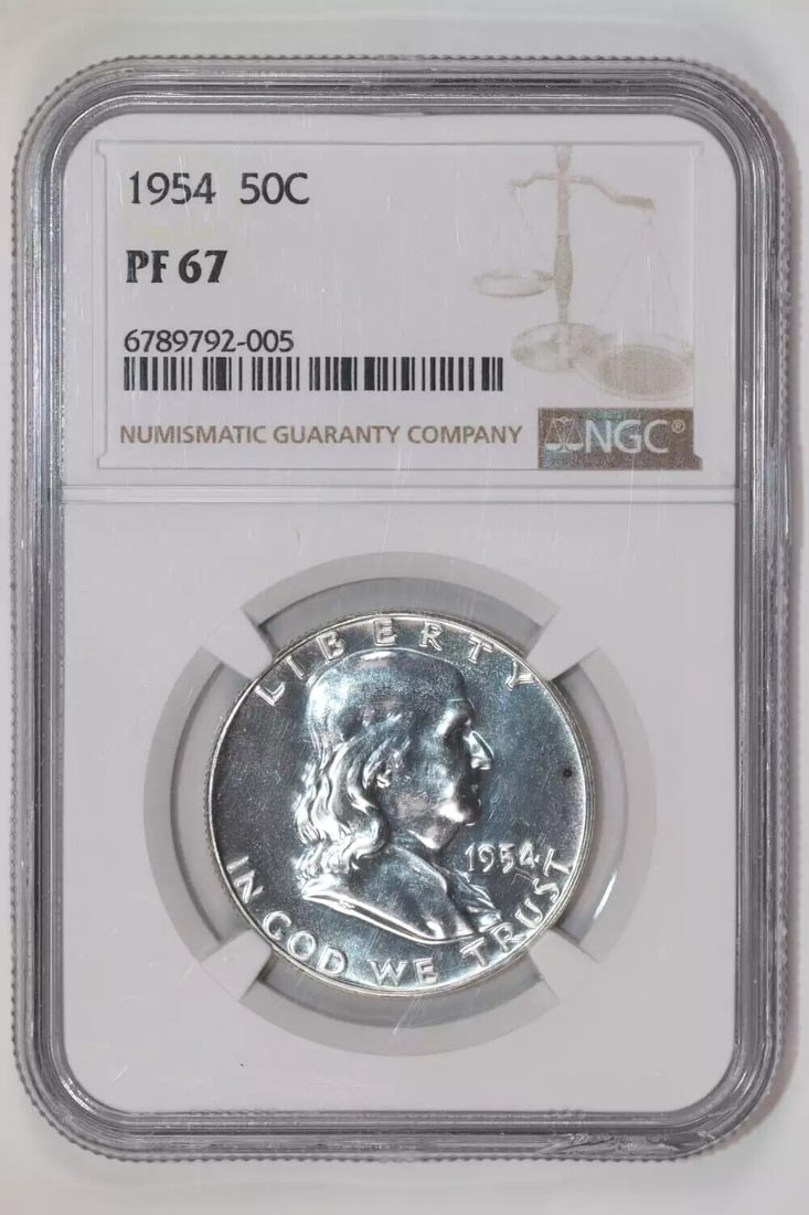 1954 PROOF FRANKLIN HALF DOLLAR NGC PR67: 1954 PROOF FRANKLIN HALF DOLLAR NGC PR67 Certification: NGC Composition: Silver Grade: PF 67 Year: 1954 Circulated/Uncirculated: Uncirculated Strike Type: Proof Mint Location: Philadelphia Km Number: 
