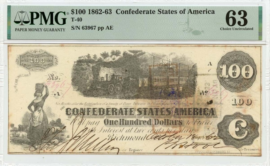 1862-63 $100 Confederate States of America T-40 PMG CH63: 1862-63 $100 Confederate States of America T-40 PMG CH63 Certification: PMG Certification Number: 2196626030 Grade: MS63 Circulated/Uncirculated: Uncirculated Type: T-40 Pre-Owned The MYNT Guarantee: 