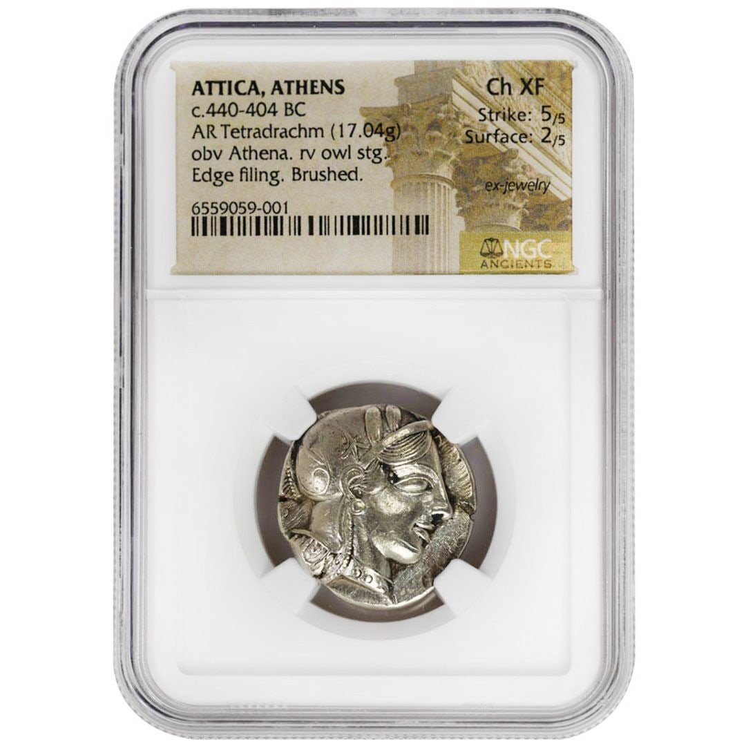 Attica Athens 440-404 BC Silver Tetradrachm Coin: Attica Athens 440-404 BC Silver Tetradrachm Coin Rare AR Tetradrachm coin from Attica Athens, dating back to 440-404 BC. Composed of silver, this coin is certified by NGC with a grade of Choice Extrem