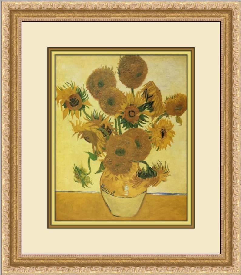 Vincent Van Gogh Sunflowers Custom Framed Print 16x14: Vincent Van Gogh Sunflowers Custom Framed Print 16x14 This beautiful custom framed print features Vincent van Gogh's iconic artwork 'Sunflowers'. The piece is matted and framed in a gold ornate frame,