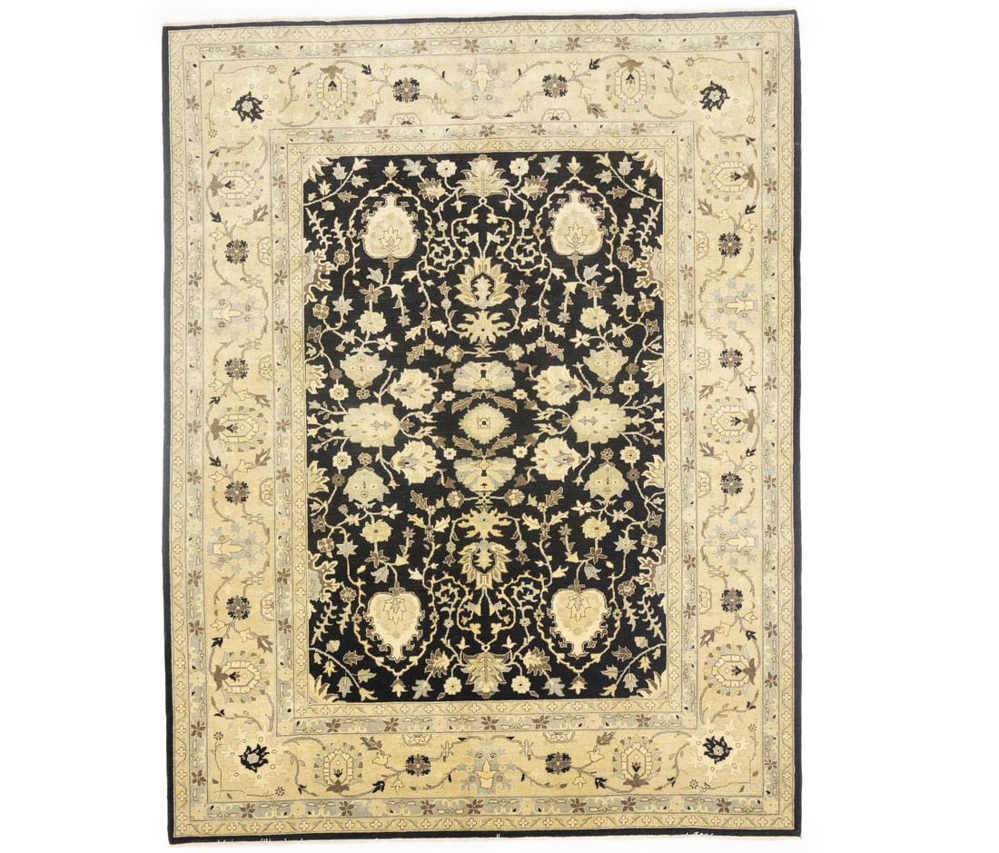 Floral Peshawar Oushak Handspun Wool Area Rug 9ft x 12ft: Floral Peshawar Oushak Handspun Wool Area Rug 9ft x 12ft This stunning Floral Peshawar Oushak handspun wool area rug measures 9ft x 12ft, featuring a beautiful floral pattern in shades of black, golde