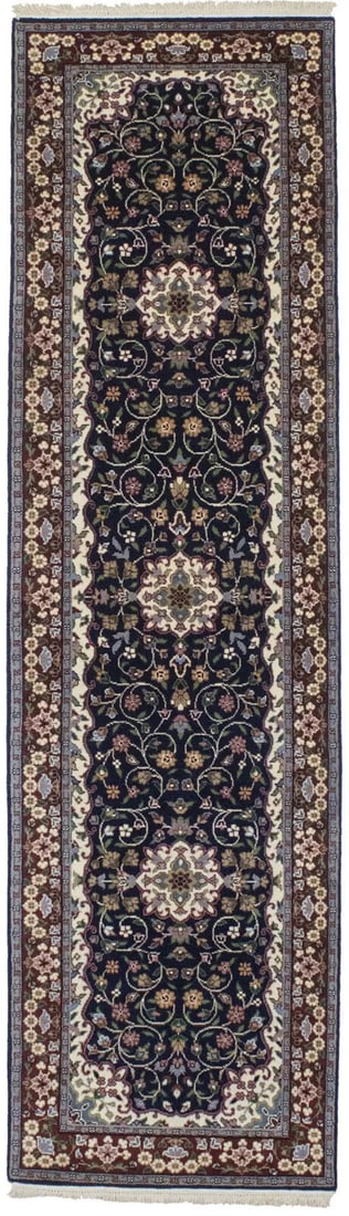 Navy Hand-Knotted Floral 3ft x 10ft Oriental Runner Rug: Navy Hand-Knotted Floral 3ft x 10ft Oriental Runner Rug This beautiful hand-knotted navy Oriental runner rug features a traditional floral pattern and is perfect for hallways or any home space. Made f