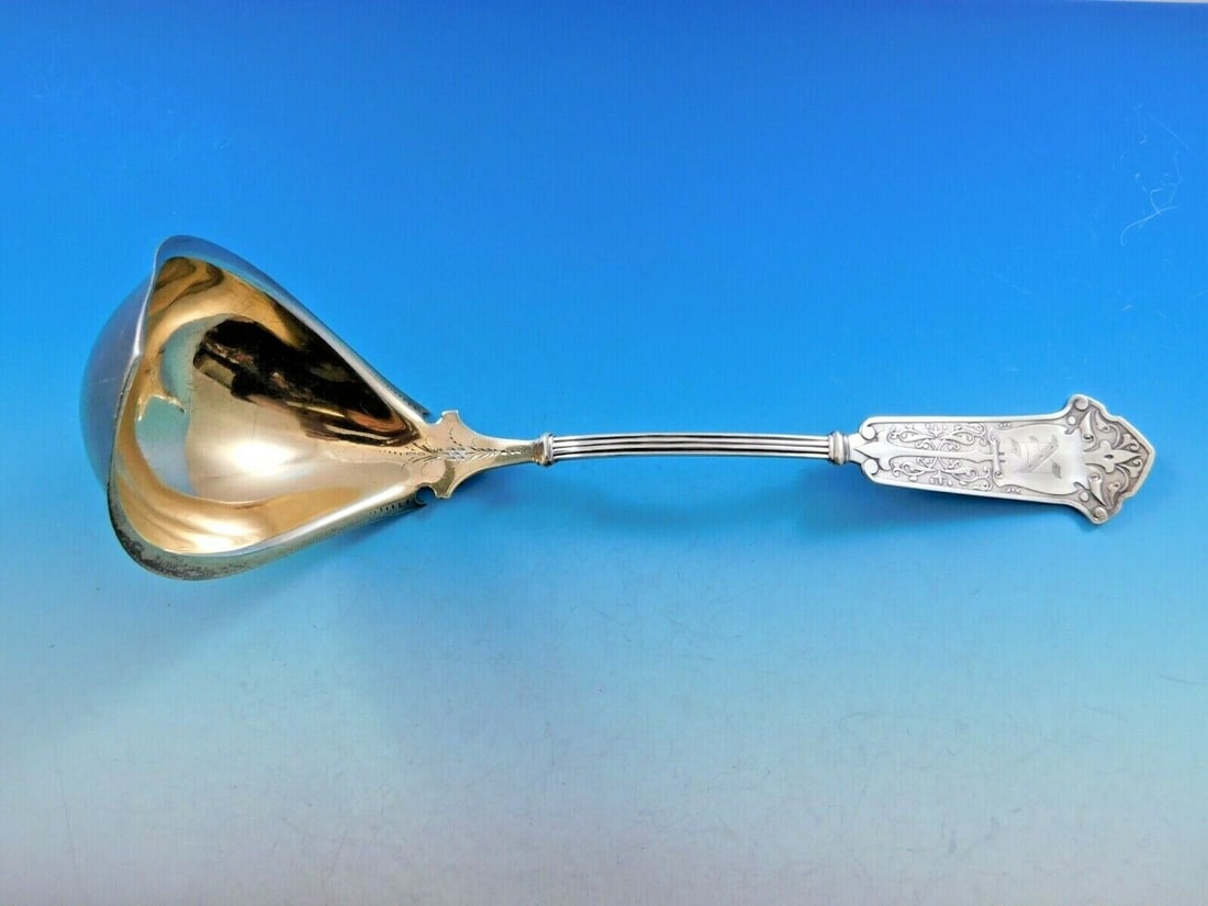 George Sharp Arabesque Sterling Silver Oyster Ladle Gold Washed 10in Serving Piece: George Sharp Arabesque Sterling Silver Oyster Ladle Gold Washed 10in Serving Piece This exquisite oyster ladle from the Arabesque pattern, crafted by George Sharp, measures 10 inches. Made of all-ster