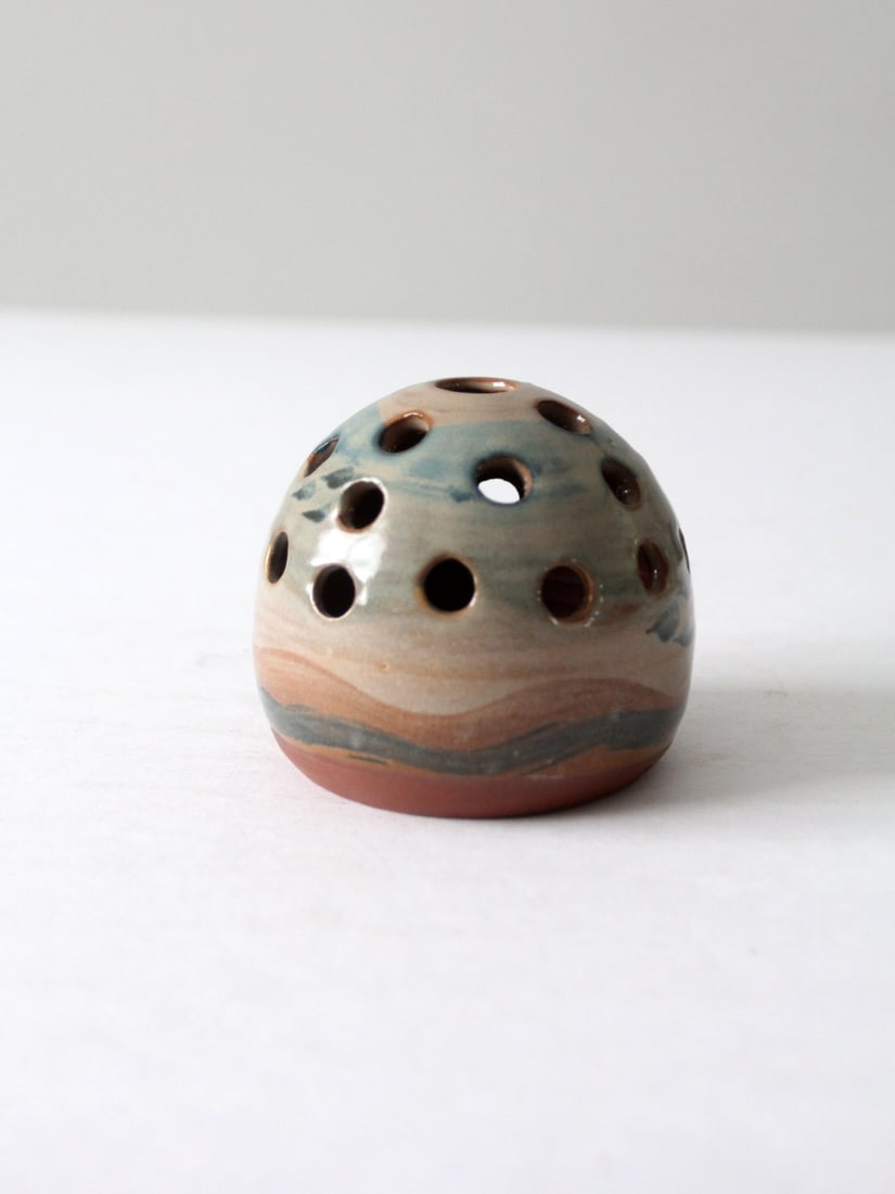 Vintage Studio Pottery Flower Frog Vase Beige Green Blue Rust Glaze: Vintage Studio Pottery Flower Frog Vase Beige Green Blue Rust Glaze This vintage studio pottery flower frog vase features a handmade design with a beautiful beige, green, blue, and rust tone glaze. It