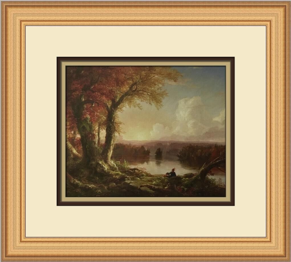 Thomas Cole An Indian at Sunset Custom Framed Print 14in x 12in: Thomas Cole An Indian at Sunset Custom Framed Print 14in x 12in This medium-sized print titled 'An Indian at Sunset' by Thomas Cole is framed and matted, showcasing a beautiful landscape in expression