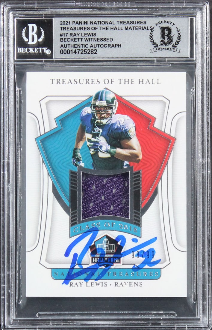 Ray Lewis Signed 2021 Panini National Treasures #17 Football Card Auto 10 BAS: Ray Lewis Signed 2021 Panini National Treasures #17 Football Card Auto 10 BAS This is a Ray Lewis signed 2021 Panini National Treasures #17 football card, graded with an Auto 10 by Beckett. It feature