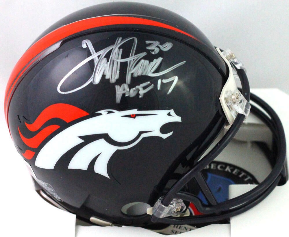 Terrell Davis Autographed Mini Helmet Denver Broncos HOF Beckett Authentication Silver: Terrell Davis Autographed Mini Helmet Denver Broncos HOF Beckett Authentication Silver This is an original autographed mini helmet of Terrell Davis, featuring his signature and the Hall of Fame design