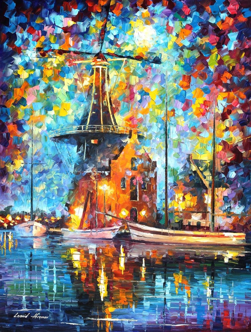 A Mill Near Amsterdam Limited Edition Giclee by Leonid Afremov: A Mill Near Amsterdam Limited Edition Giclee by Leonid Afremov A stunning limited edition giclee artwork titled 'A Mill Near Amsterdam' by artist Leonid Afremov. This hand-painted piece is part of a s