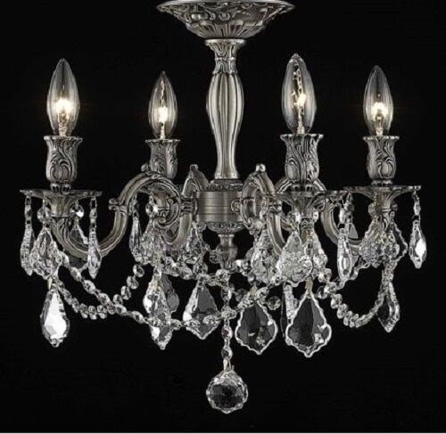 Pewter Flush Mount Chandelier 4 Light 17 in Clear Royal Cut Crystals: Pewter Flush Mount Chandelier 4 Light 17 in Clear Royal Cut Crystals Enhance your indoor spaces with this elegant 4-Light Pewter Flush Mount Chandelier. Featuring a traditional design with a pewter fi