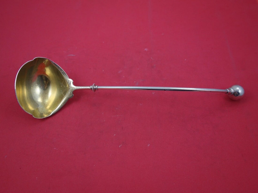 George Sharp Sterling Silver Ball End Oyster Ladle 11in: George Sharp Sterling Silver Ball End Oyster Ladle 11in This George Sharp oyster ladle features a classic Ball End pattern, crafted from high-quality sterling silver with a gold wash finish. Measuring
