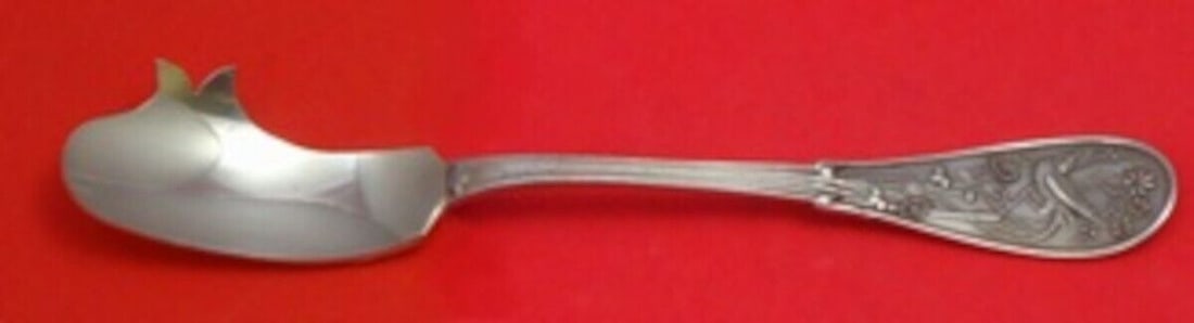 Tiffany & Co Japanese Sterling Silver Cheese Knife with Pick 6in: Tiffany & Co Japanese Sterling Silver Cheese Knife with Pick 6in This exquisite cheese knife by Tiffany & Co features a custom flat handle adorned with a lovely bird perched on a branch surrounded by 