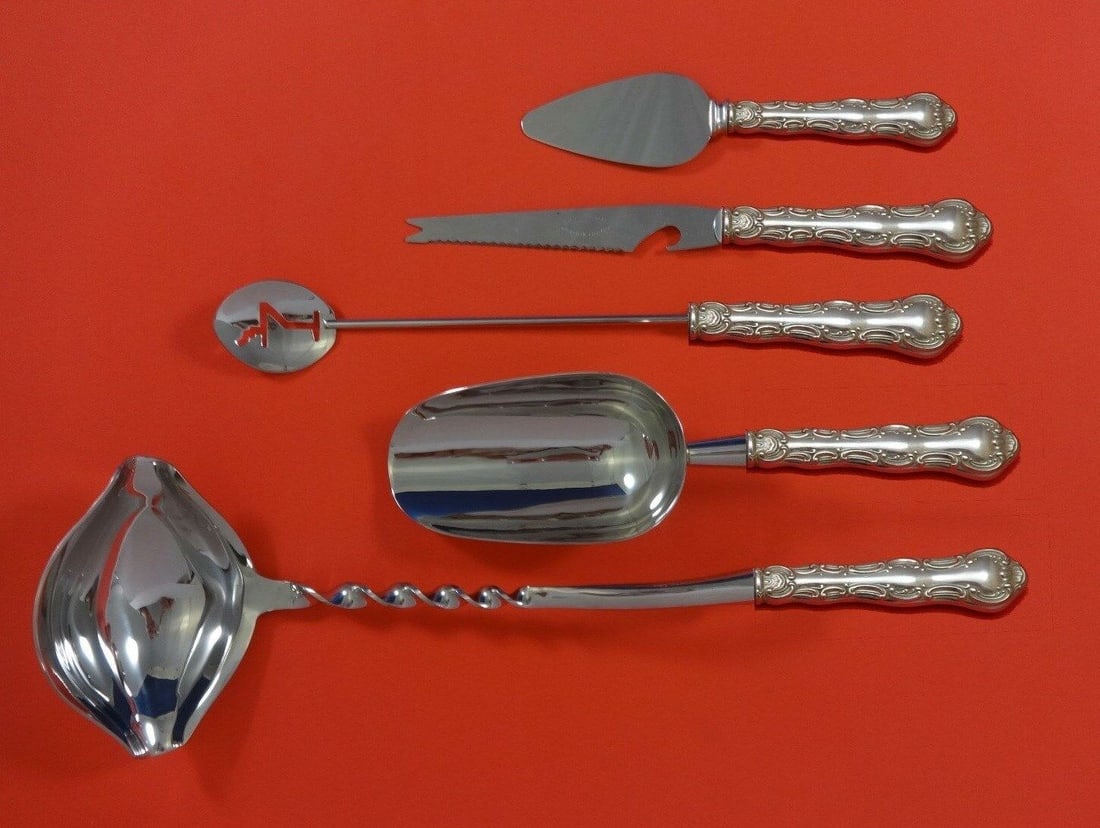 Gorham Strasbourg Sterling Silver Cocktail Party Bar Set 5pc: Gorham Strasbourg Sterling Silver Cocktail Party Bar Set 5pc Elevate your entertaining with the Strasbourg by Gorham Sterling Silver Cocktail Party Bar Set. This exquisite 5-piece custom made set feat