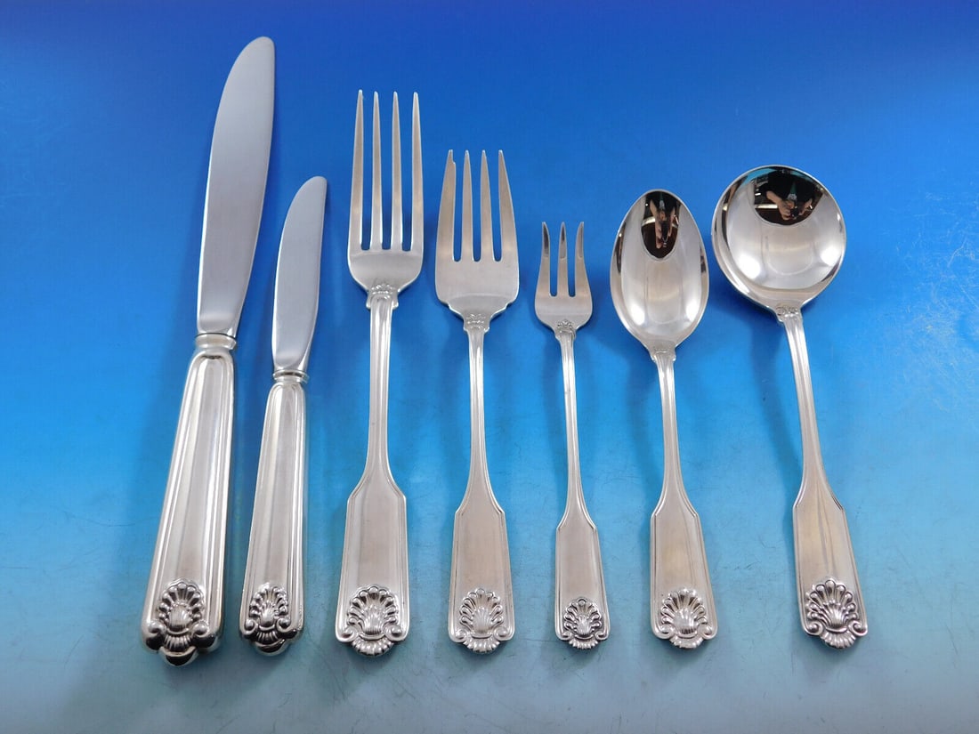 Frank Smith Fiddle Shell Sterling Silver Flatware Set Service for 12, 85 Pieces: Frank Smith Fiddle Shell Sterling Silver Flatware Set Service for 12, 85 Pieces This stunning Fiddle Shell flatware set by Frank Smith features 85 pieces made from sterling silver, perfect for elegant