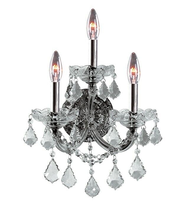 Maria Theresa Chrome Wall Sconce 22in with K9 Crystals 3 Light Indoor: Maria Theresa Chrome Wall Sconce 22in with K9 Crystals 3 Light Indoor The Maria Theresa Wall Sconce features a traditional design with a chrome plated finish and is adorned with beautiful K9 crystals 