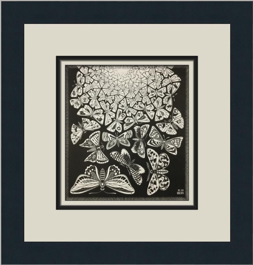 M.C. Escher Butterflies Custom Framed Print 12x13 inches Abstract Modernism: M.C. Escher Butterflies Custom Framed Print 12x13 inches Abstract Modernism This custom framed print titled 'Butterflies' by M.C. Escher features a medium-sized artwork measuring 12 inches in width an