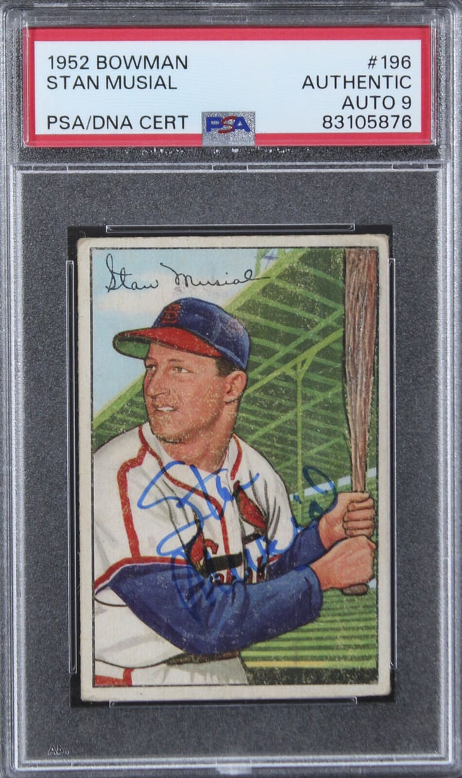 Stan Musial Signed 1952 Bowman #196 Baseball Card PSA Graded 9: Stan Musial Signed 1952 Bowman #196 Baseball Card PSA Graded 9 This is an original 1952 Bowman #196 baseball card featuring Stan Musial of the St. Louis Cardinals. The card is authenticated by PSA and