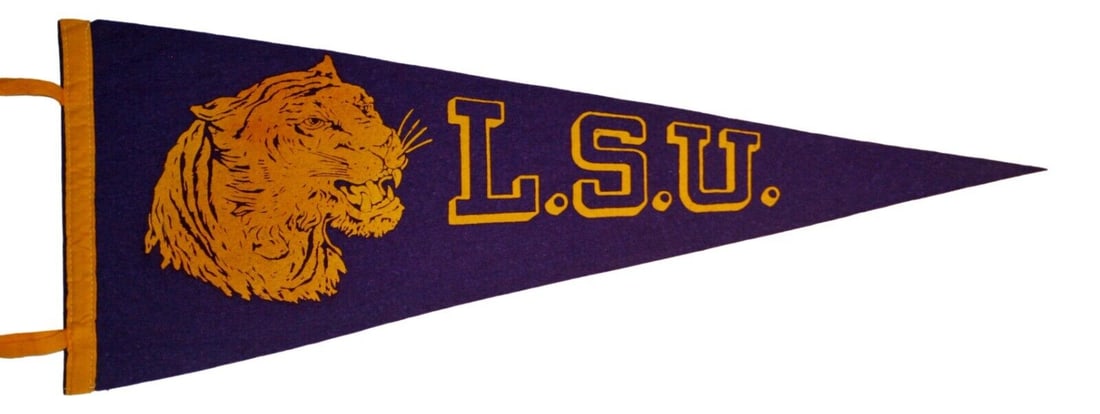 Vintage 1950s LSU Tigers Football Pennant 29x12: Vintage 1950s LSU Tigers Football Pennant 29x12 This rare vintage LSU Tigers pennant measures 29 inches by 12 inches. An original piece from 1950, it is a must-have for football fans and collectors al