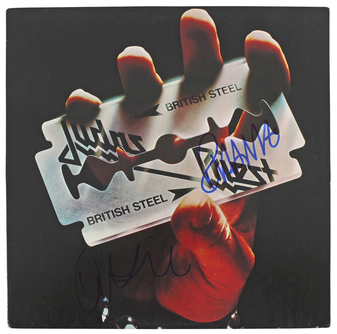 Rob Halford Ian Hill Signed Judas Priest British Steel Album Cover: Rob Halford Ian Hill Signed Judas Priest British Steel Album Cover This original signed album cover of 'British Steel' features the autographs of Rob Halford and Ian Hill from the iconic band Judas Pr