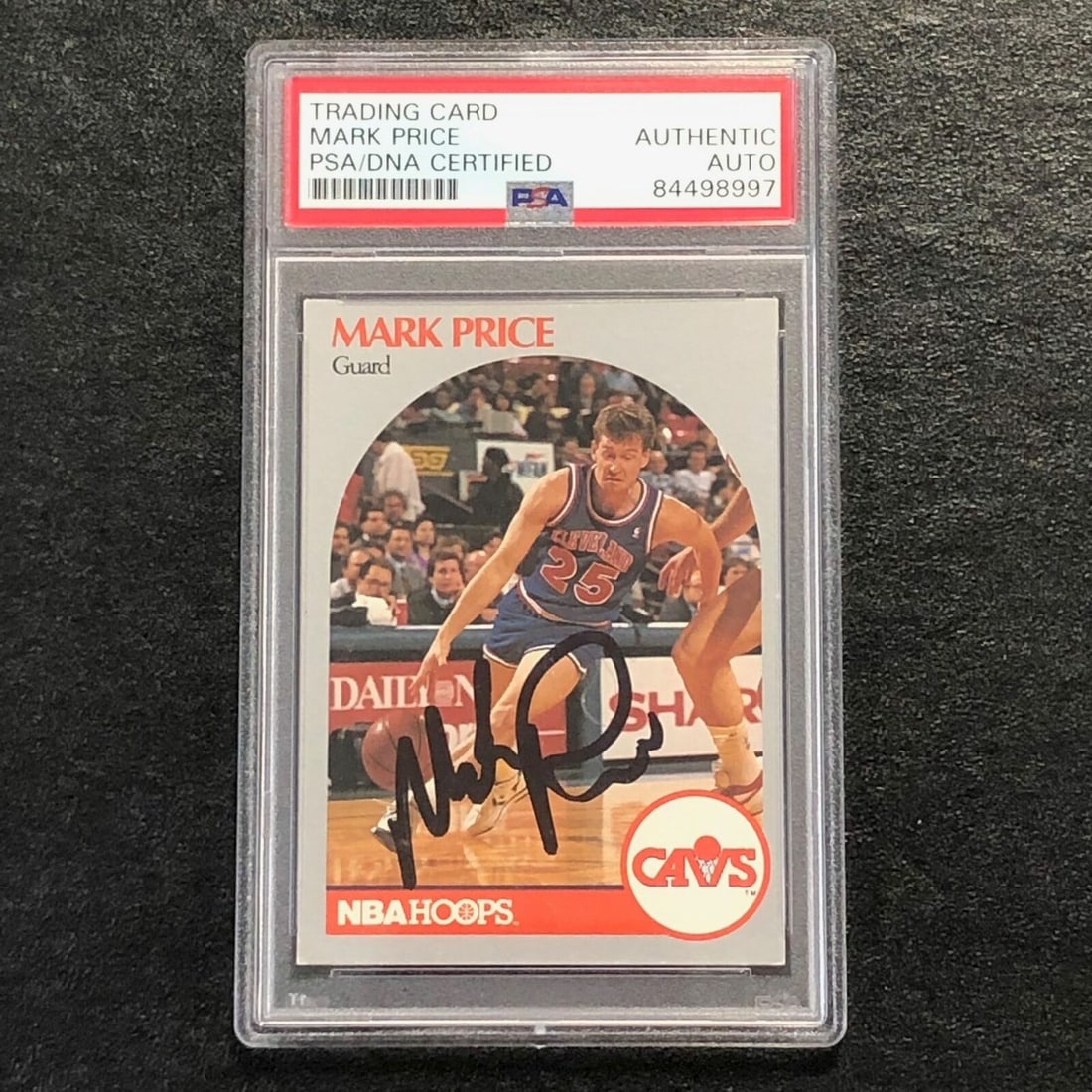 1990 NBA Hoops #79 Mark Price Signed Card PSA Slabbed: 1990 NBA Hoops #79 Mark Price Signed Card PSA Slabbed This collectible features a 1990 NBA Hoops #79 basketball card of Mark Price, signed and professionally slabbed by PSA for protection and authenti