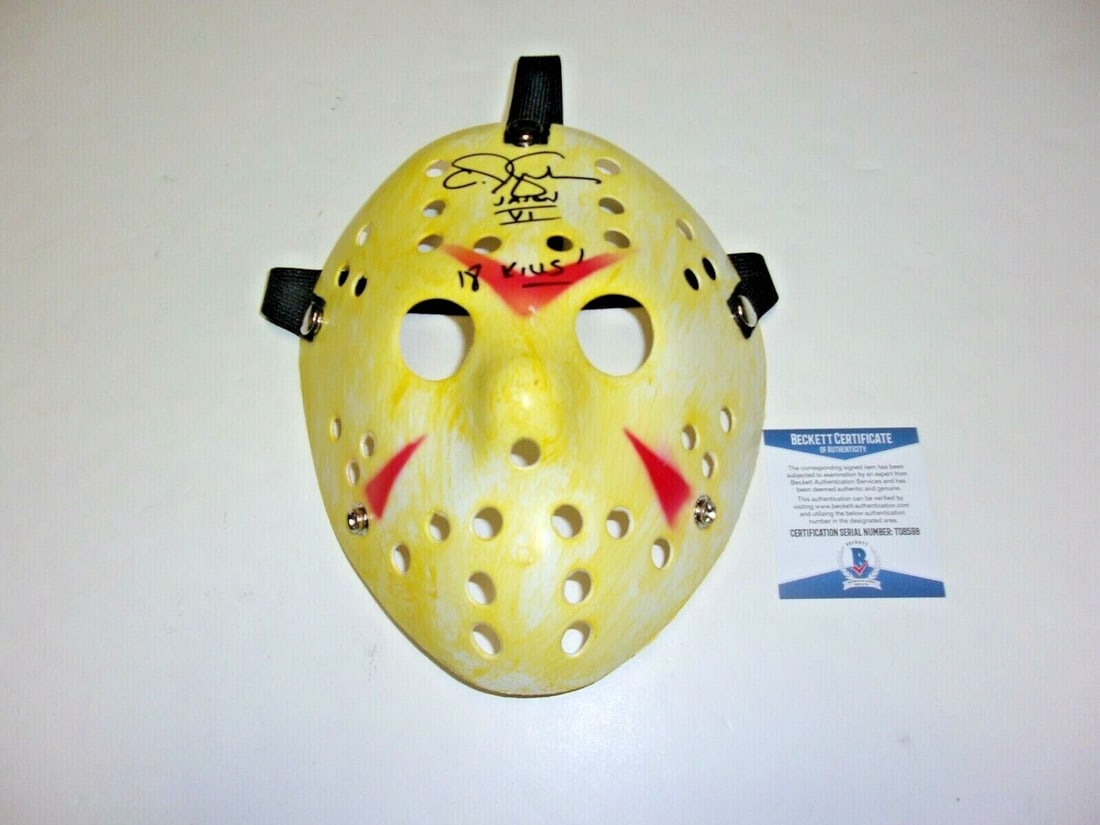 CJ Graham Jason Voorhees Friday the 13th Signed Mask with Beckett COA: CJ Graham Jason Voorhees Friday the 13th Signed Mask with Beckett COA This original mask features the signature of CJ Graham, who portrayed Jason Voorhees in Friday the 13th Part 5. The item comes wit