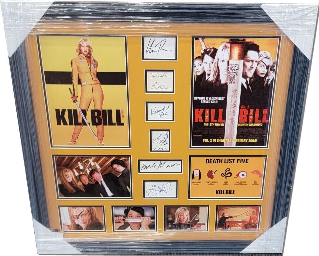 Kill Bill Cast Signed Framed Collage Uma Thurman David Carradine: Kill Bill Cast Signed Framed Collage Uma Thurman David Carradine This stunning framed collage features autographs from the cast of 'Kill Bill,' including Uma Thurman and David Carradine. The piece is