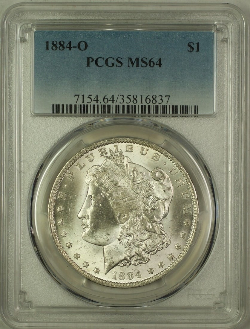1884-O Morgan Silver Dollar PCGS MS-64 Uncirculated Coin: 1884-O Morgan Silver Dollar PCGS MS-64 Uncirculated Coin This 1884-O Morgan Silver Dollar is a $1 coin certified by PCGS with a grade of MS 64. Minted in New Orleans, this uncirculated coin features a