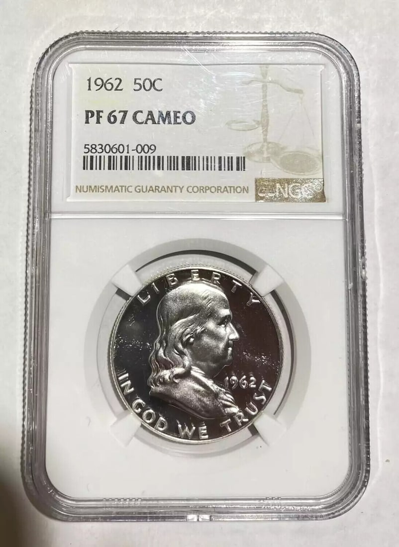 1962 P Franklin Half Dollar Silver NGC PF-67 CAMEO: 1962 P Franklin Half Dollar Silver NGC PF-67 CAMEO This 1962 P Franklin Half Dollar, certified by NGC, is composed of silver and graded PF-67. It is an uncirculated coin with a proof strike from the P