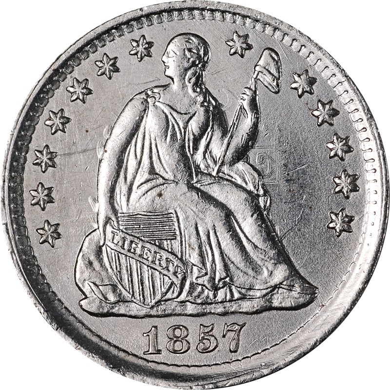 1857-P Seated Liberty Half Dime: 1857-P Seated Liberty Half Dime This 1857-P Seated Liberty Half Dime is a circulated coin minted in Philadelphia. Made of silver, it showcases the classic design of the Seated Liberty series, a must-h