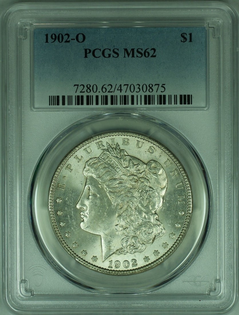 1902-O Morgan Silver Dollar Coin PCGS MS62 Uncirculated: 1902-O Morgan Silver Dollar Coin PCGS MS62 Uncirculated This 1902-O Morgan Silver Dollar features a composition of 0.9 silver and is graded MS 62 by PCGS. It is an uncirculated $1 coin minted in New O