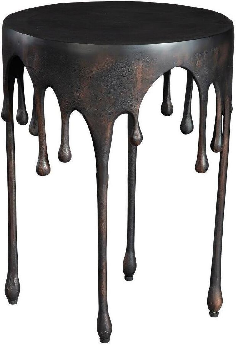 Hekman Accents Drip Side Table: Hekman Accents Drip Side Table Cast metal side table with a whimsical design appearing as poured metal dripping off a round table.Antique brass finish. Item Dimensions: Height: 22.26 Width: 17.0 Depth